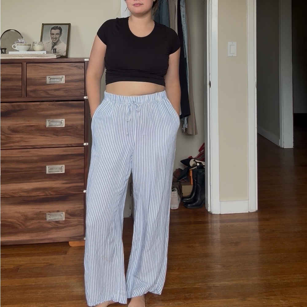 H&M Blue and White Striped Straight Leg Pants